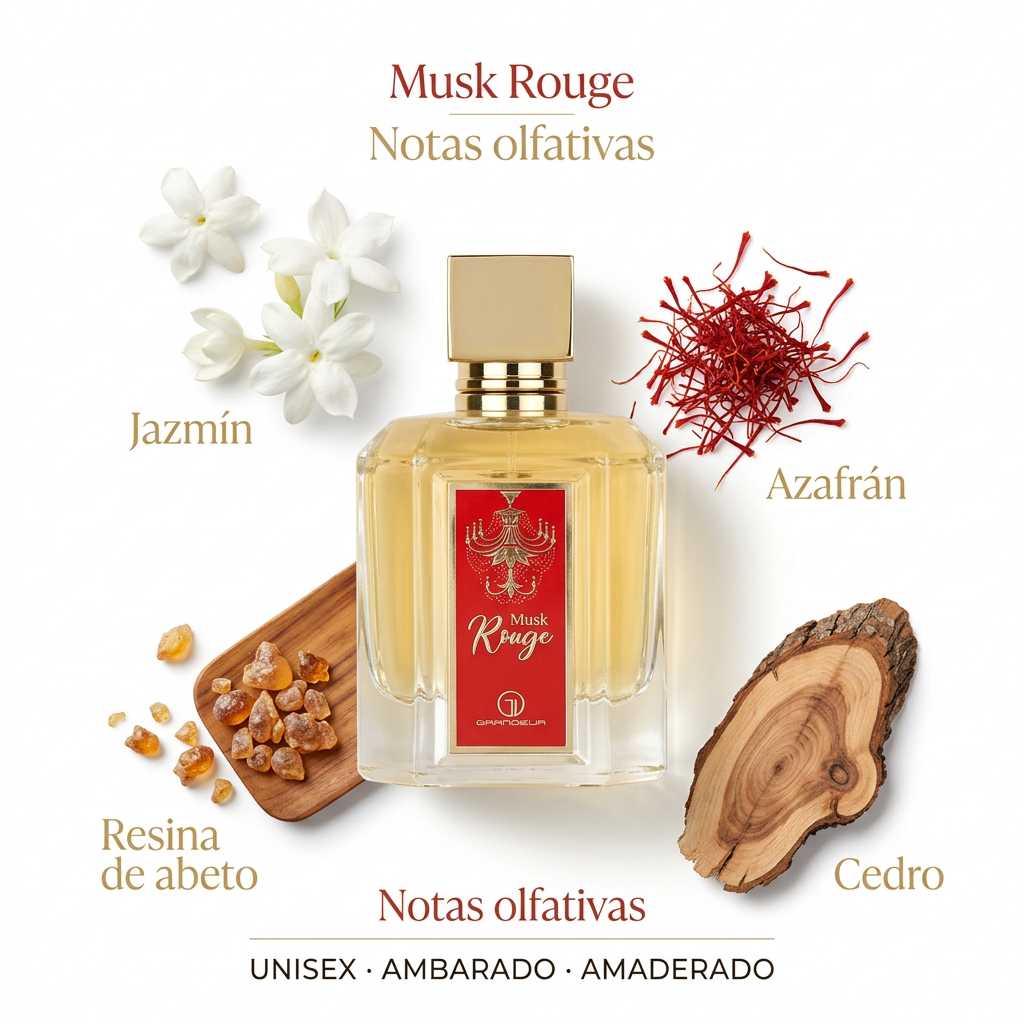 Musk Rouge con notas olfativas y tags sobre fondo blanco
