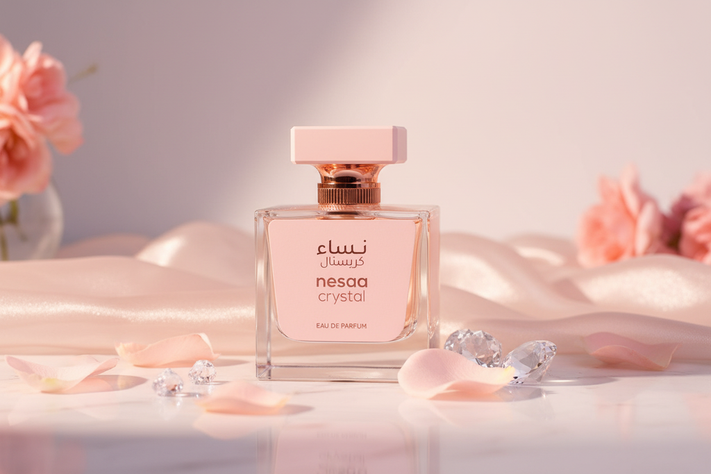 Eau de Parfum Emper Nesaa Crystal, frasco cuadrado con tapa rosa y cristales