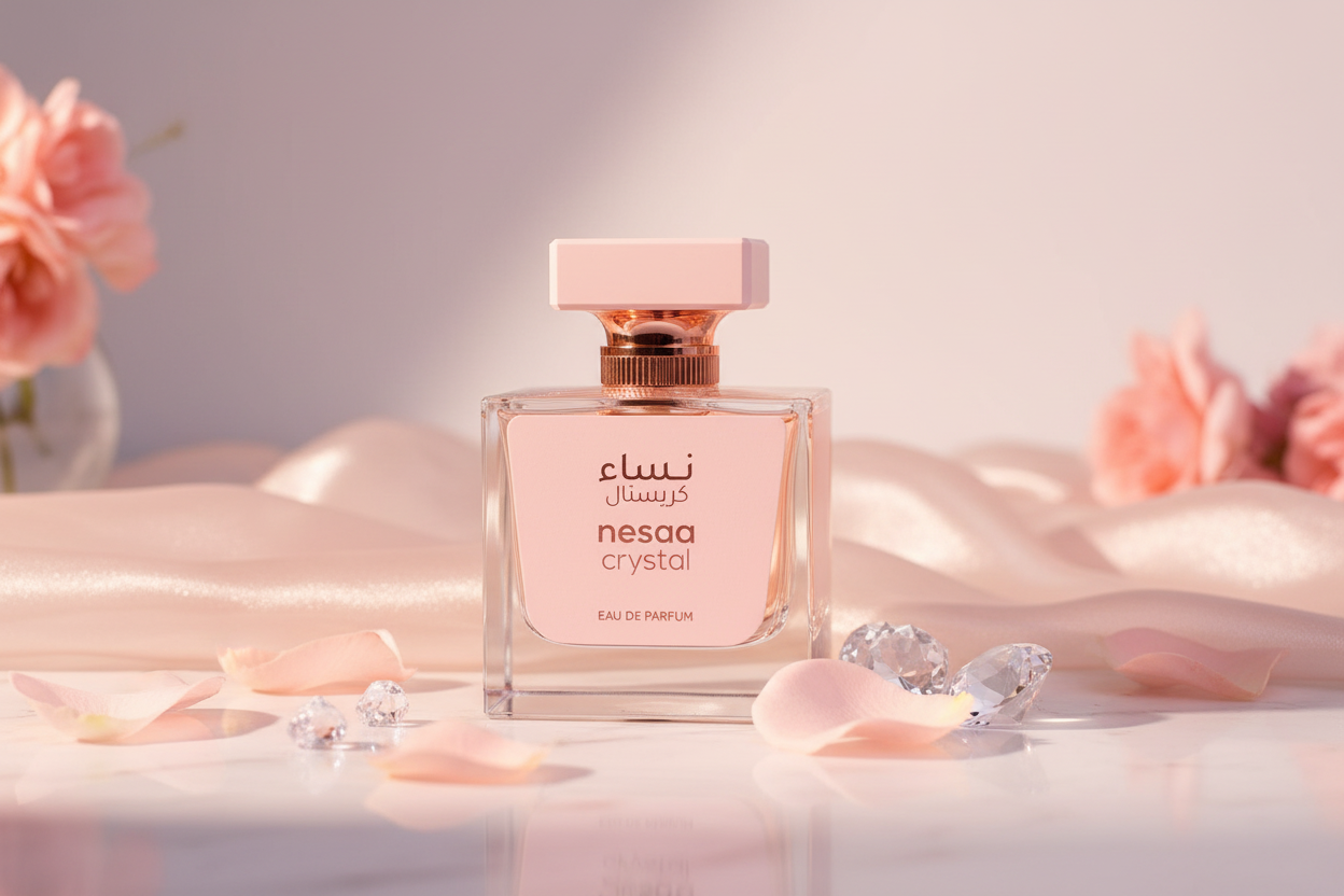 Eau de Parfum Emper Nesaa Crystal, frasco cuadrado con tapa rosa y cristales
