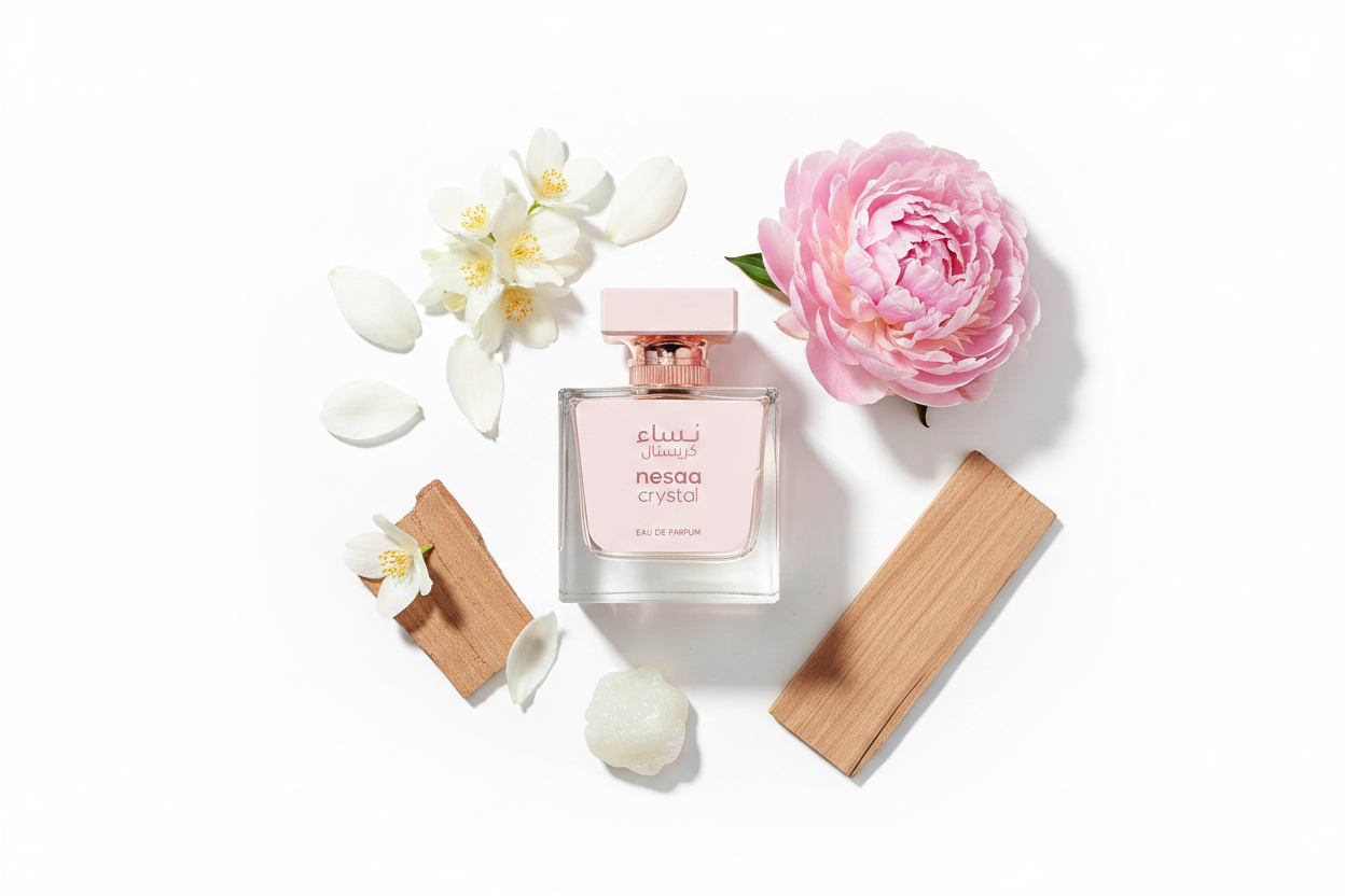 Eau de Parfum Emper Nesaa Crystal 100 ml, frasco transparente con tapa rosa
