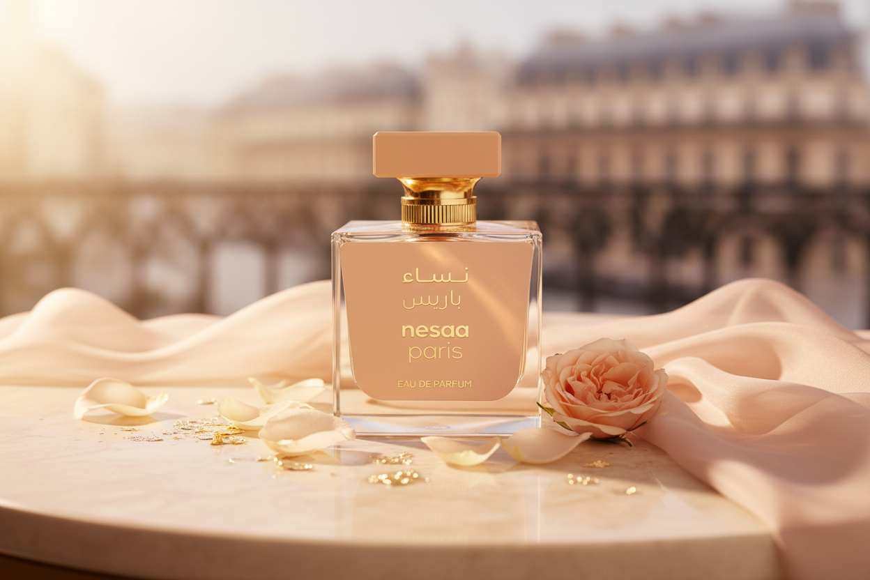 Perfume Eau de Parfum en frasco de vidrio transparente con tapa dorada y flores