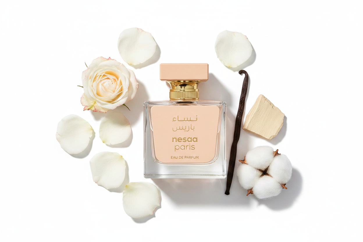 Perfume Eau de Parfum en frasco de vidrio con tapa dorada y etiqueta beige, 100 ml
