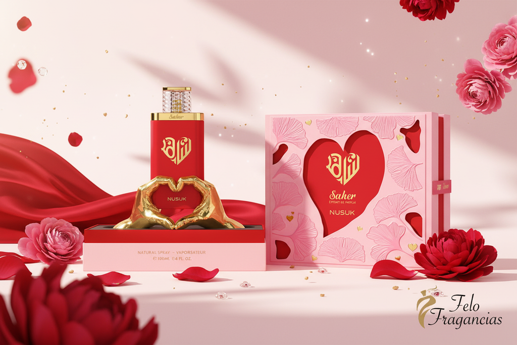 Perfume Eau de Parfum 100 ml con frasco dorado y caja con corazón