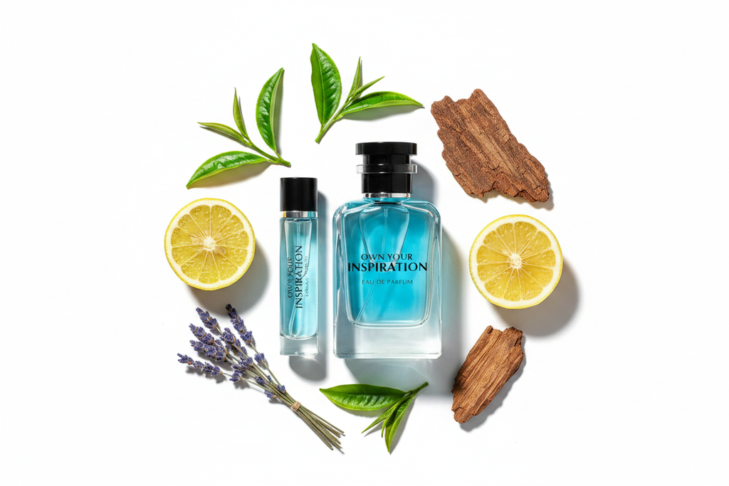 Eau de parfum Emper Own Your Inspiration en frascos con tapa negra y vidrio azul