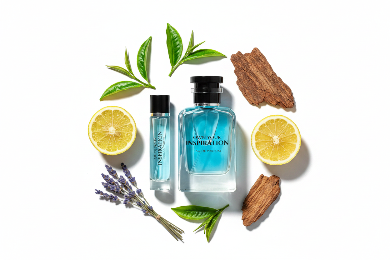 Eau de parfum Emper Own Your Inspiration en frascos con tapa negra y vidrio azul