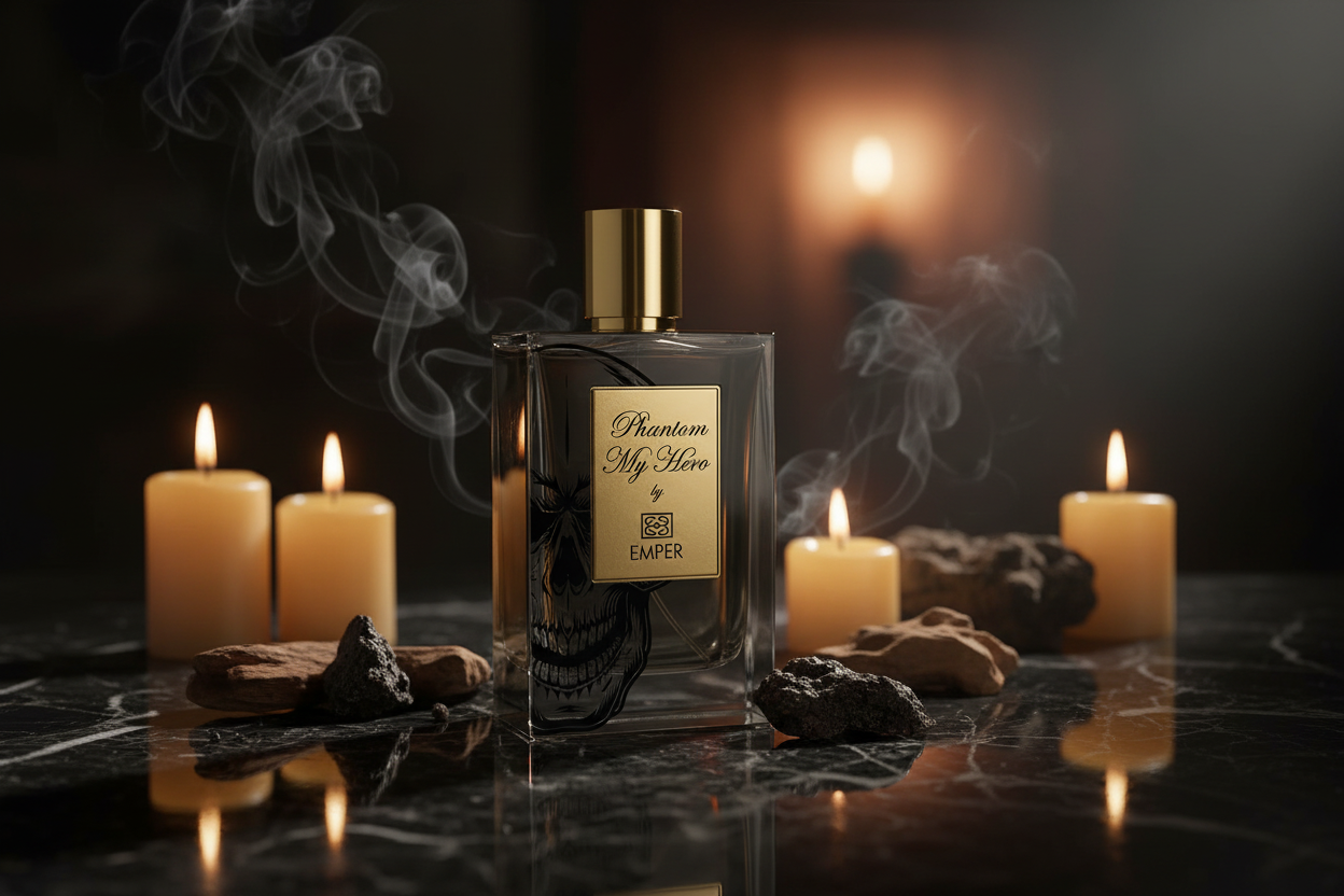 Botella de eau de parfum oscura con calavera y tapa dorada, rodeada de velas