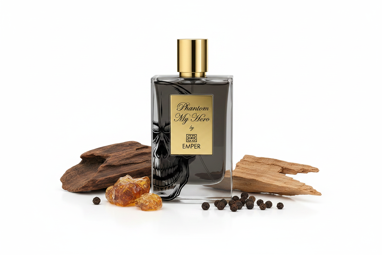Eau de parfum Emper Phantom My Hero, botella ámbar con tapa dorada