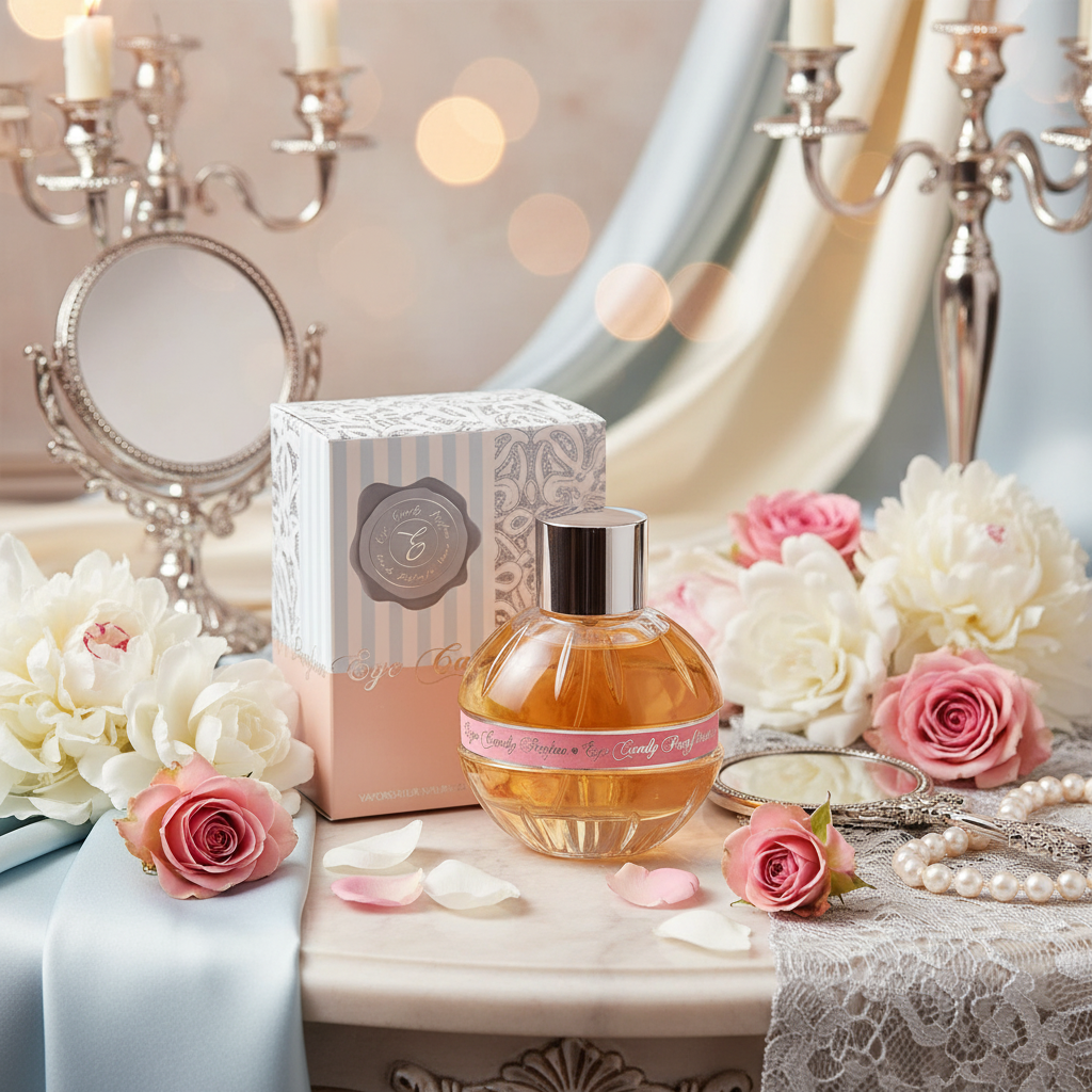 Eau de Parfum en frasco de vidrio ámbar con tapa plateada y caja decorativa.