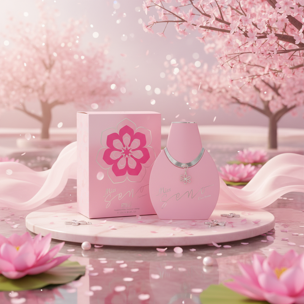 Perfume Prive Miss Seno Eau de Parfum: frasco rosa con colgante floral y caja