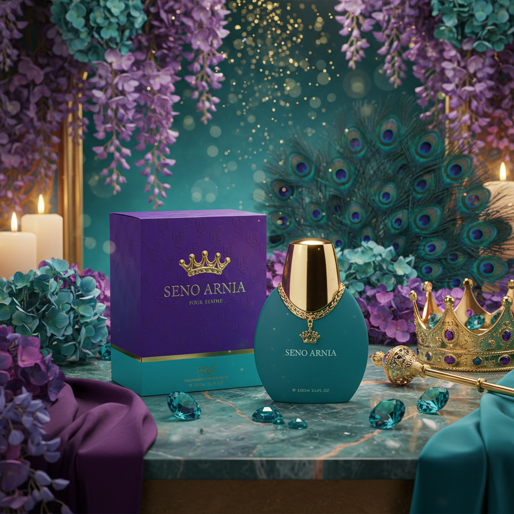 Frasco de Eau de Parfum Seno Arnia con caja morada y tapa dorada