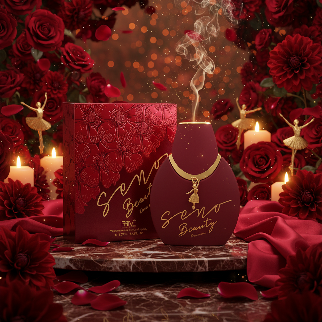 Eau de Parfum Prive: frasco y estuche rojo con acabado dorado