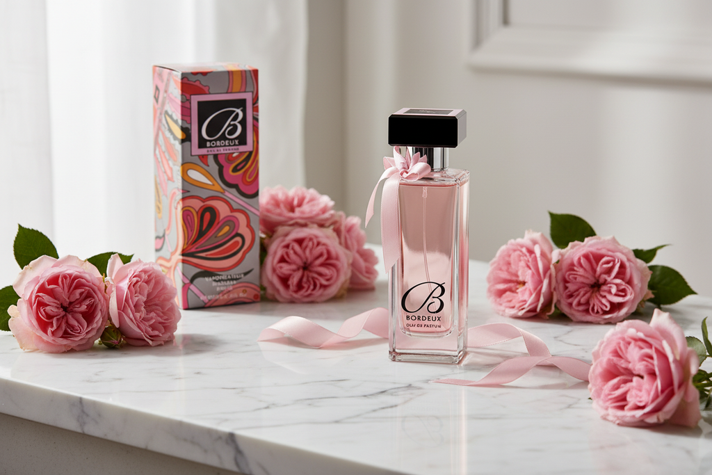 Perfume Eau de Parfum en frasco transparente con moño y flores rosas alrededor