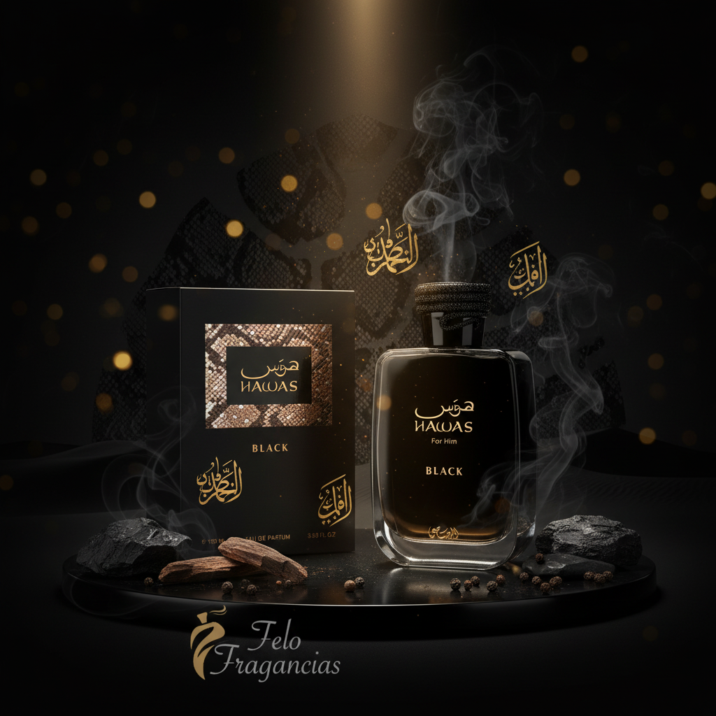 Perfume Rasasi Hawas Black, frasco de vidrio oscuro y caja, 100 ml