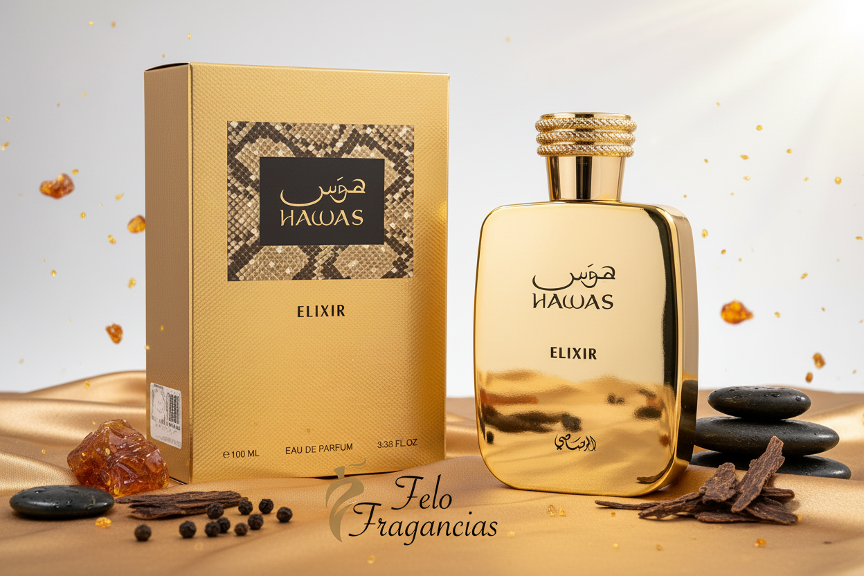Perfume Rasasi Hawas Elixir Men Eau de Parfum 100 ml: frasco dorado con caja