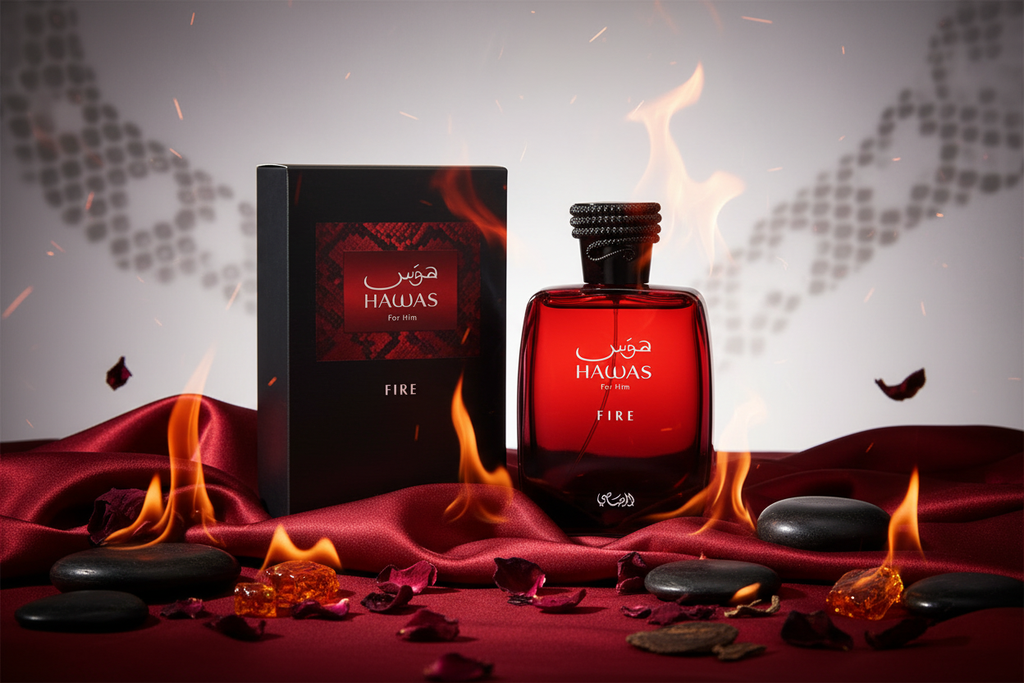 Eau de parfum Hawas Fire con caja negra: frasco rojo ámbar y tapa negra trenzada
