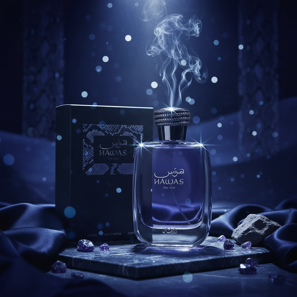 Perfume Rasasi Hawas: frasco azul oscuro con tapa texturizada y caja negra