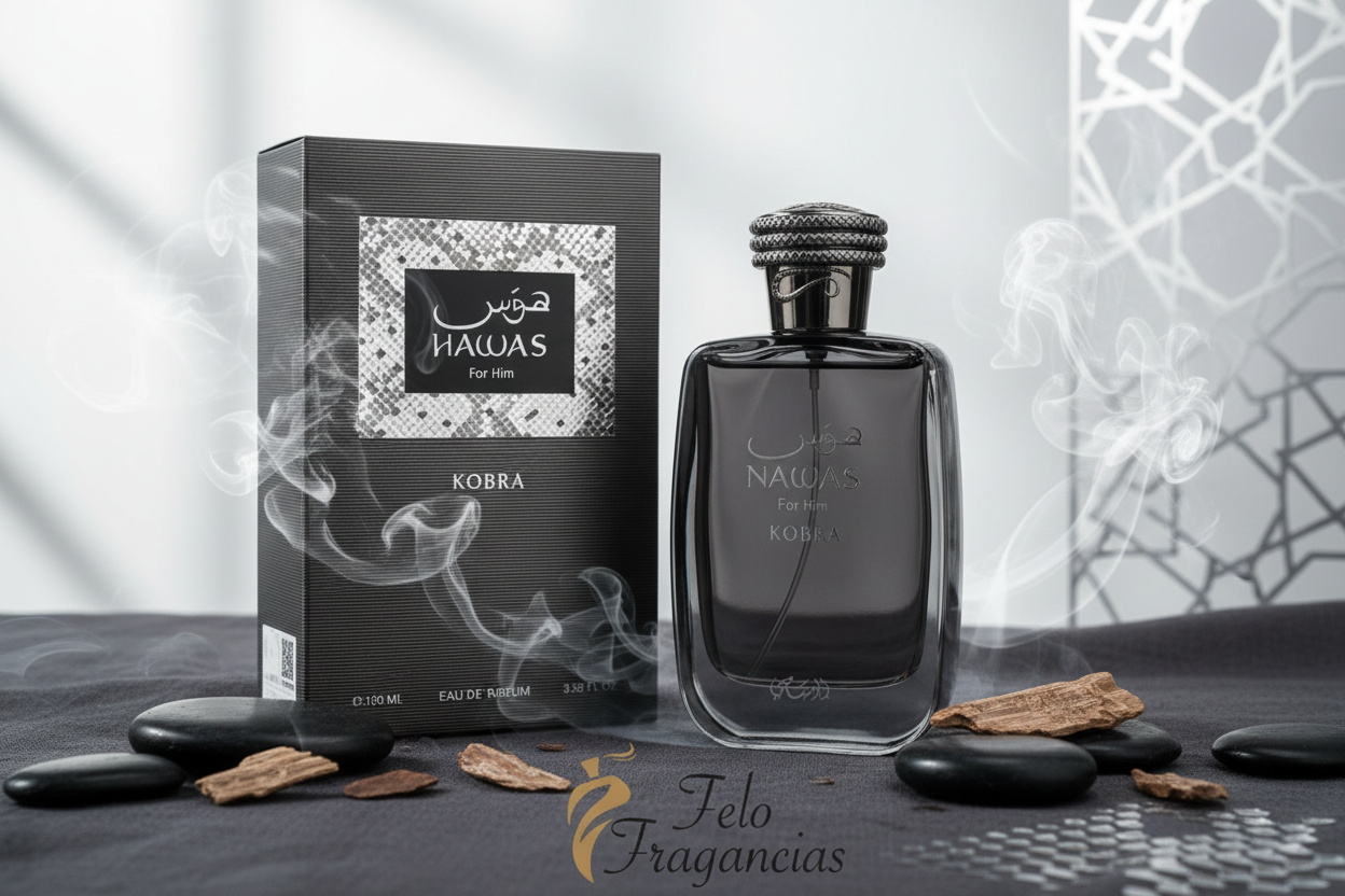 Perfume Rasasi Hawas Kobra en frasco de vidrio oscuro con tapa negra y caja