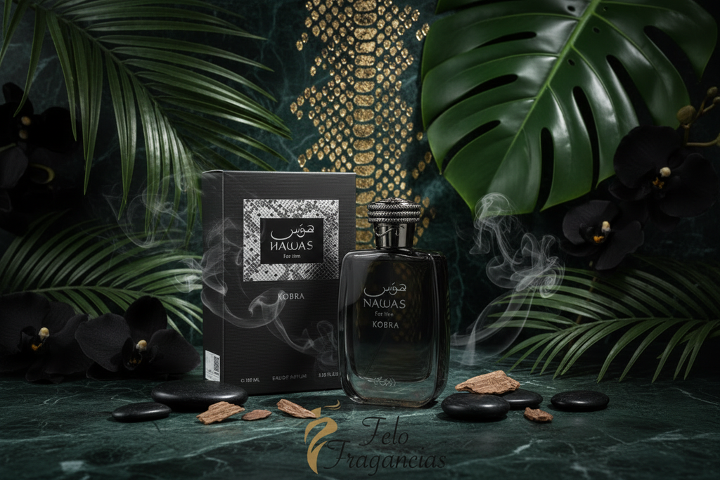 Eau de Parfum en frasco oscuro con atomizador y caja, con piedras y plantas.