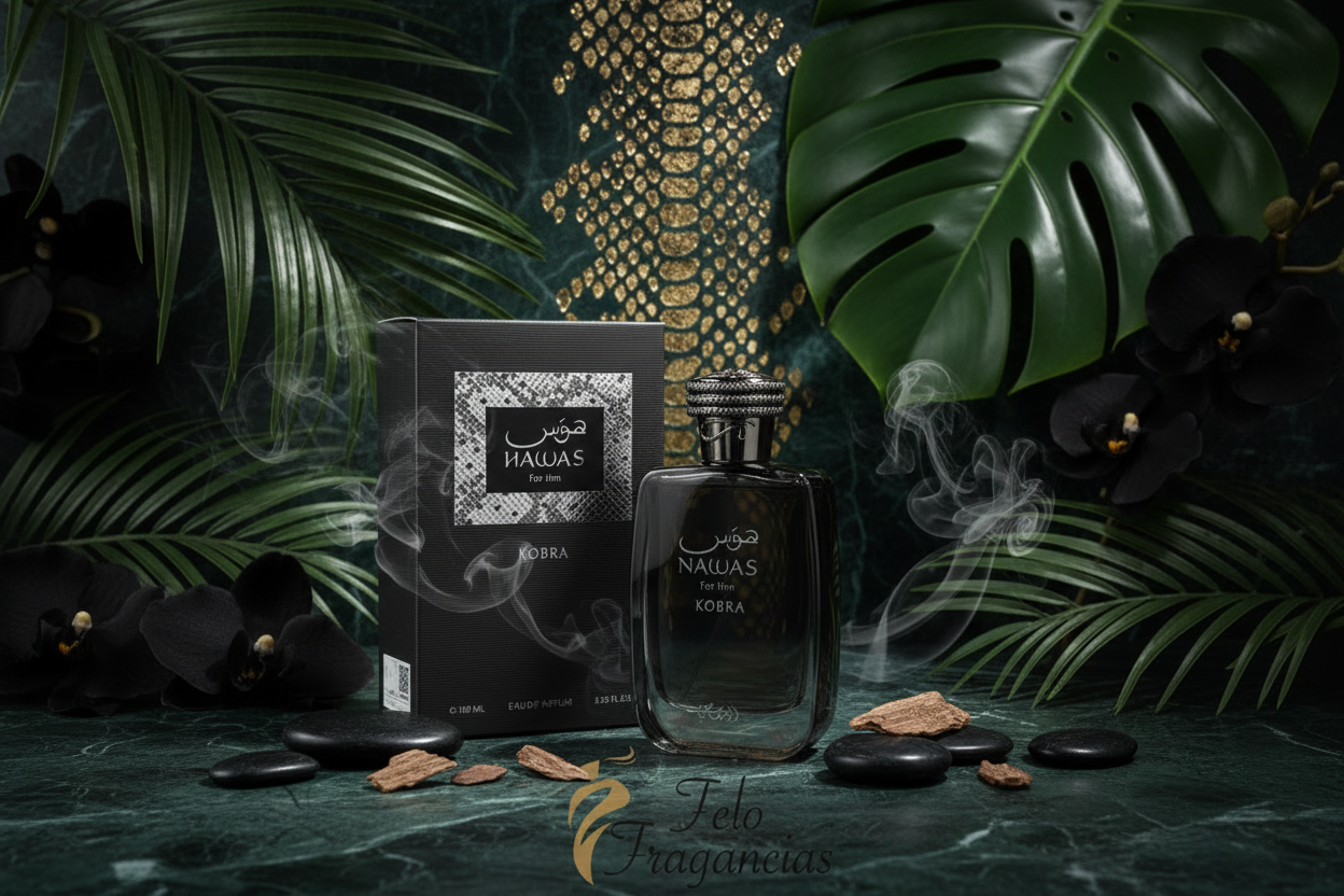 Eau de Parfum en frasco oscuro con atomizador y caja, con piedras y plantas.
