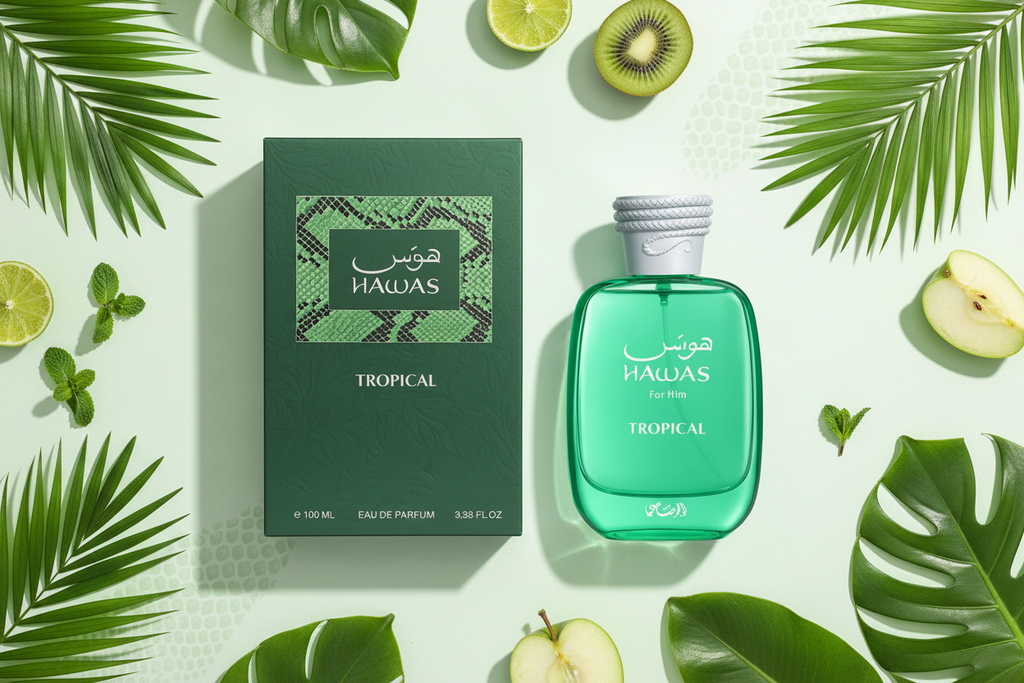 Eau de parfum Hawas Tropical 100 ml: frasco verde y caja