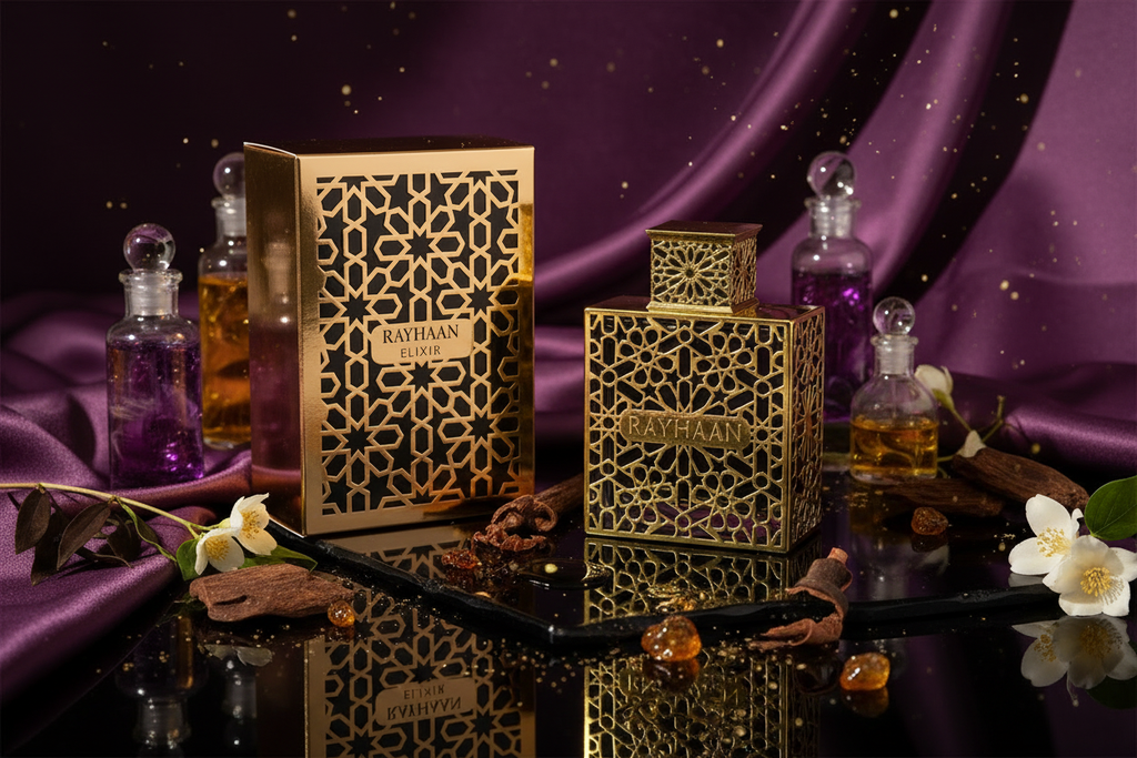 Frasco y caja Rayhaan Elixir de perfume, color dorado con diseño ornamental