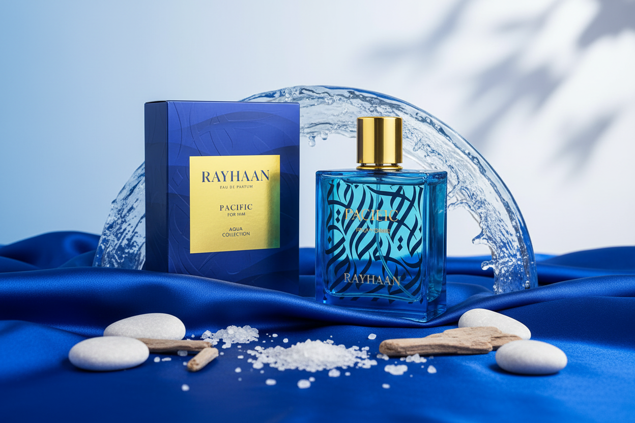 Frasco de Eau de Parfum Rayhaan Pacific azul con tapa dorada y caja