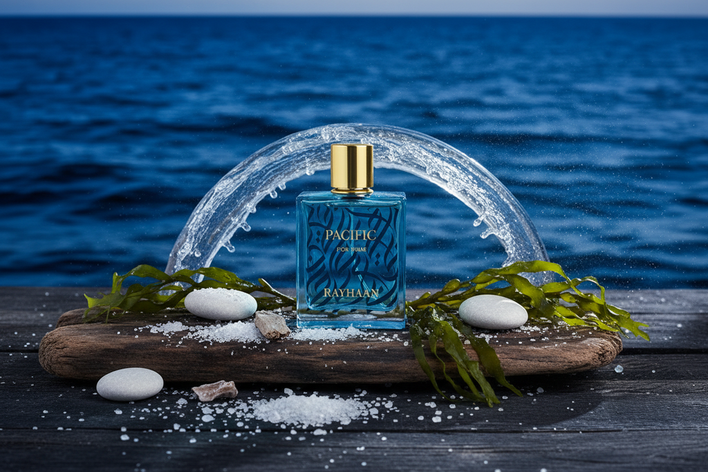 Botella de perfume Rayhaan Pacific for Him azul con tapa dorada, salpicadura