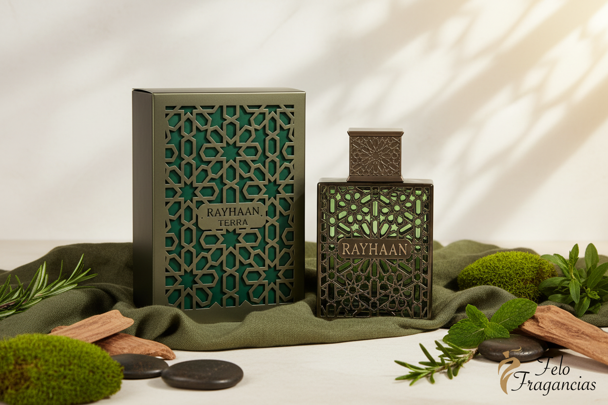 Perfume Rayhaan Terra Eau de Parfum en frasco con tapa y caja con patrón geométrico verde