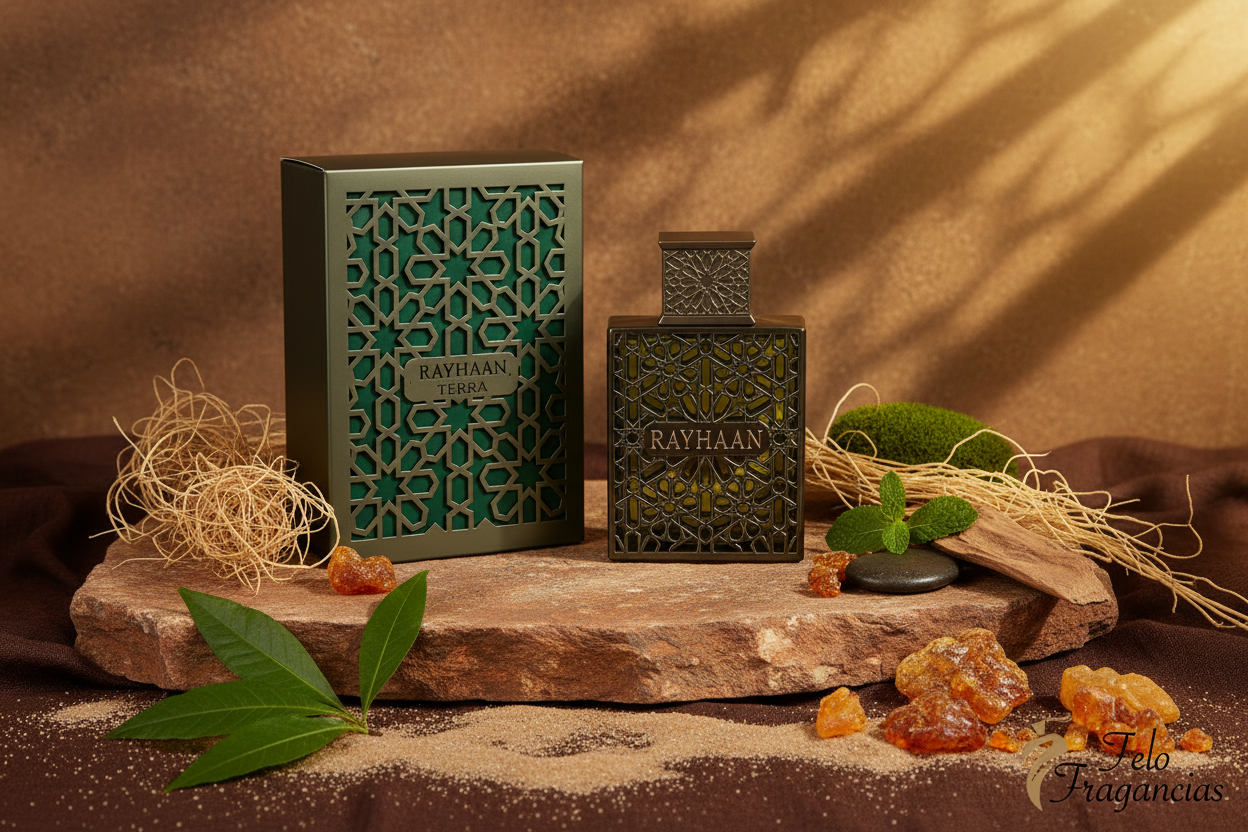 Botella de eau de parfum 100 ml con caja verde y grabado Rayhaan Terra
