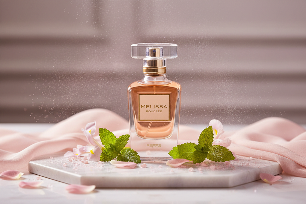 Perfume Riiffs Parfums Melissa Poudrée, botella ámbar con tapa transparente y pétalos.
