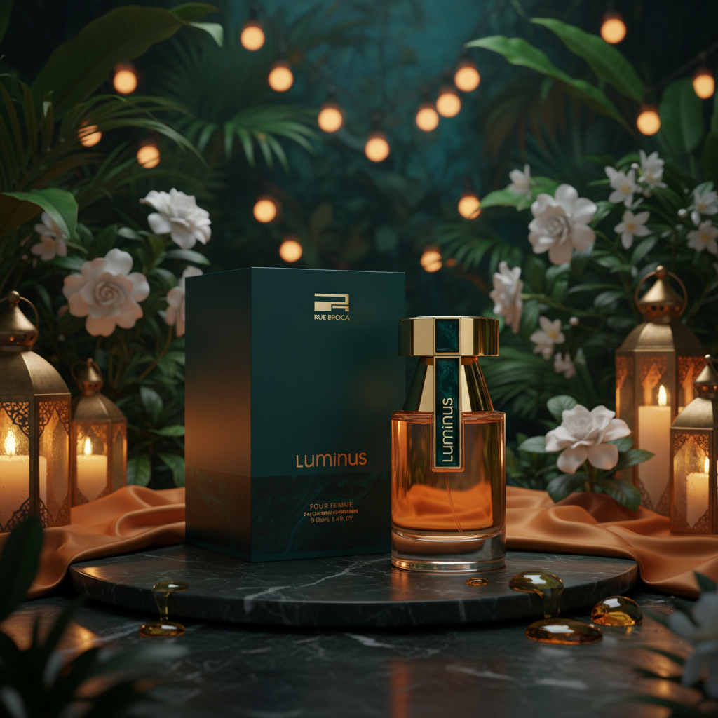 Perfume Luminus en frasco ámbar con tapón dorado y caja verde