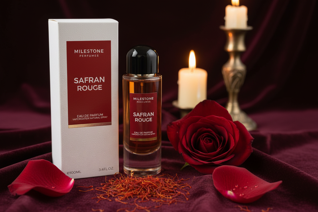 Eau de parfum Safran Rouge de Milestone: frasco ámbar con tapa negra y caja blanca.