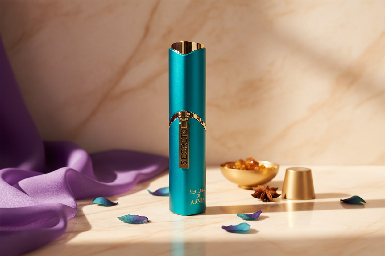 Perfume Eau de Parfum 100 ml, frasco turquesa con tapa dorada y detalles dorados