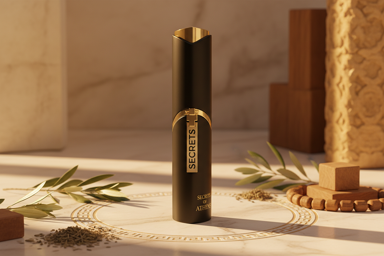 Frasco de Eau de Parfum negro con tapa dorada, diseño vertical