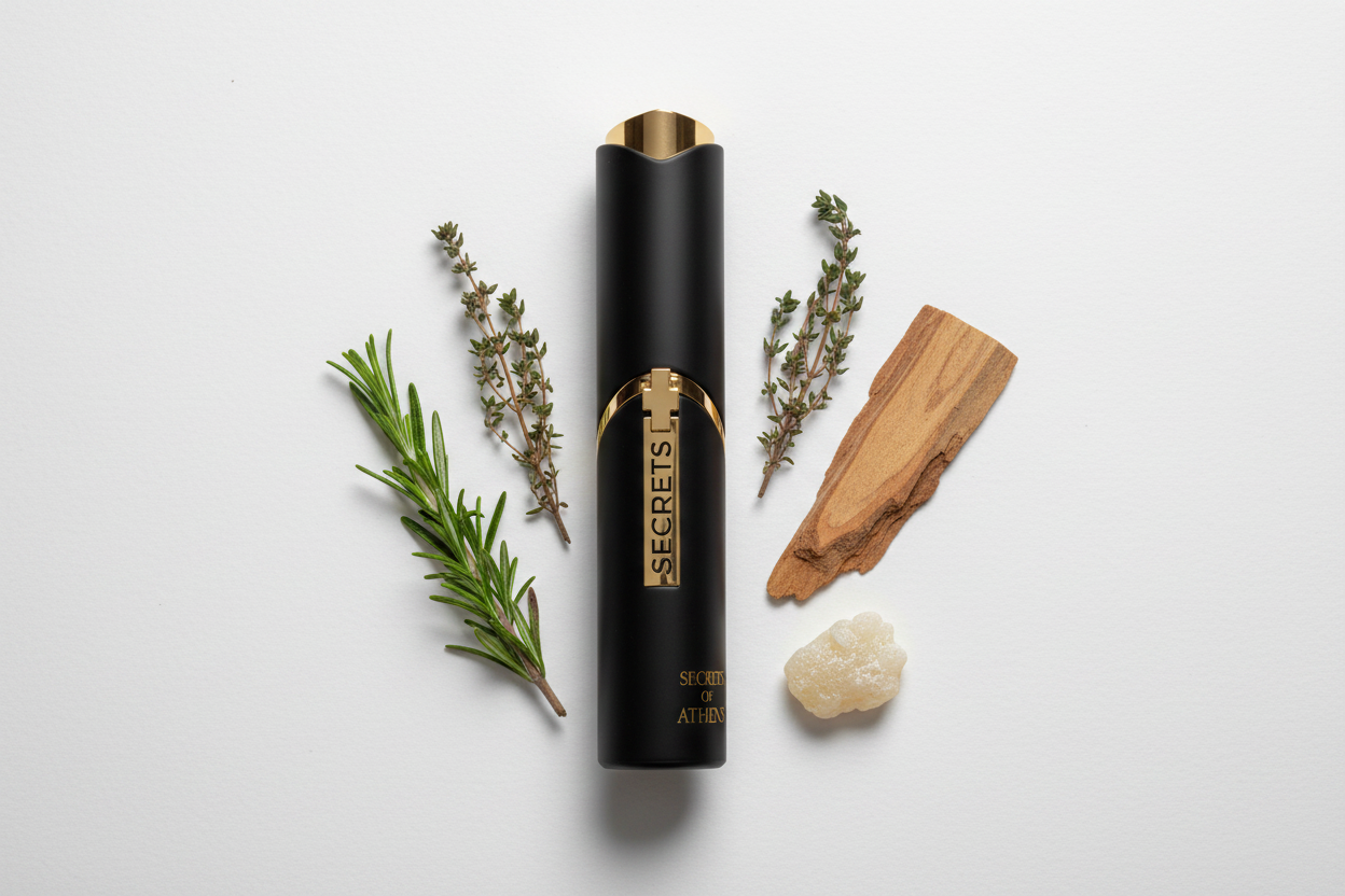 Perfume Eau de Parfum en frasco negro con tapa dorada