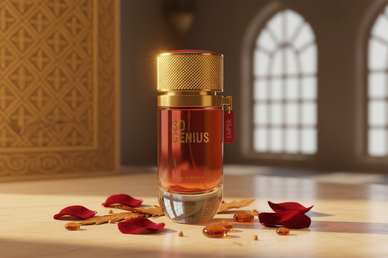 Botella de Eau de Parfum con tapa dorada y etiqueta SO GENIUS