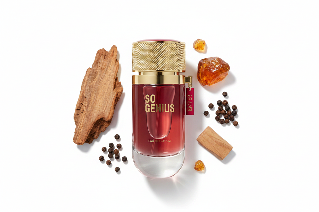 Perfume Eau de Parfum en frasco con tapa dorada y líquido ámbar