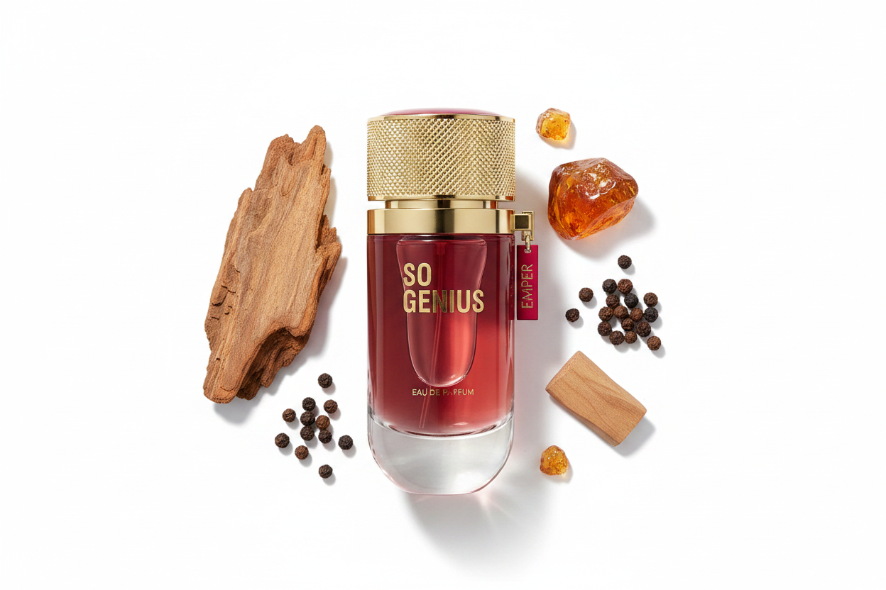 Perfume Eau de Parfum en frasco con tapa dorada y líquido ámbar