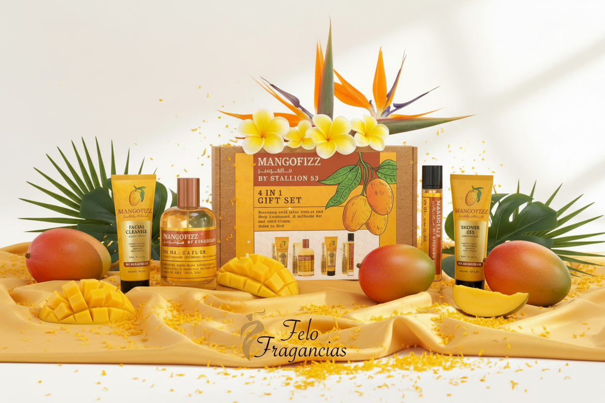 Set de regalo MangoFIZZ de Stallion 53 con frascos y caja, rodeado de mangos.