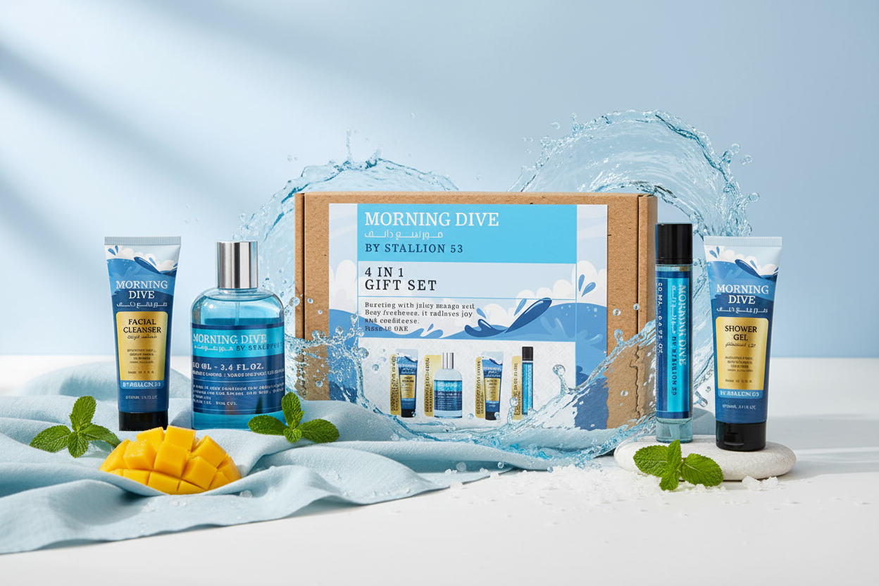 Caja de regalo con botellas y tubos de cuidado personal azul, para higiene facial