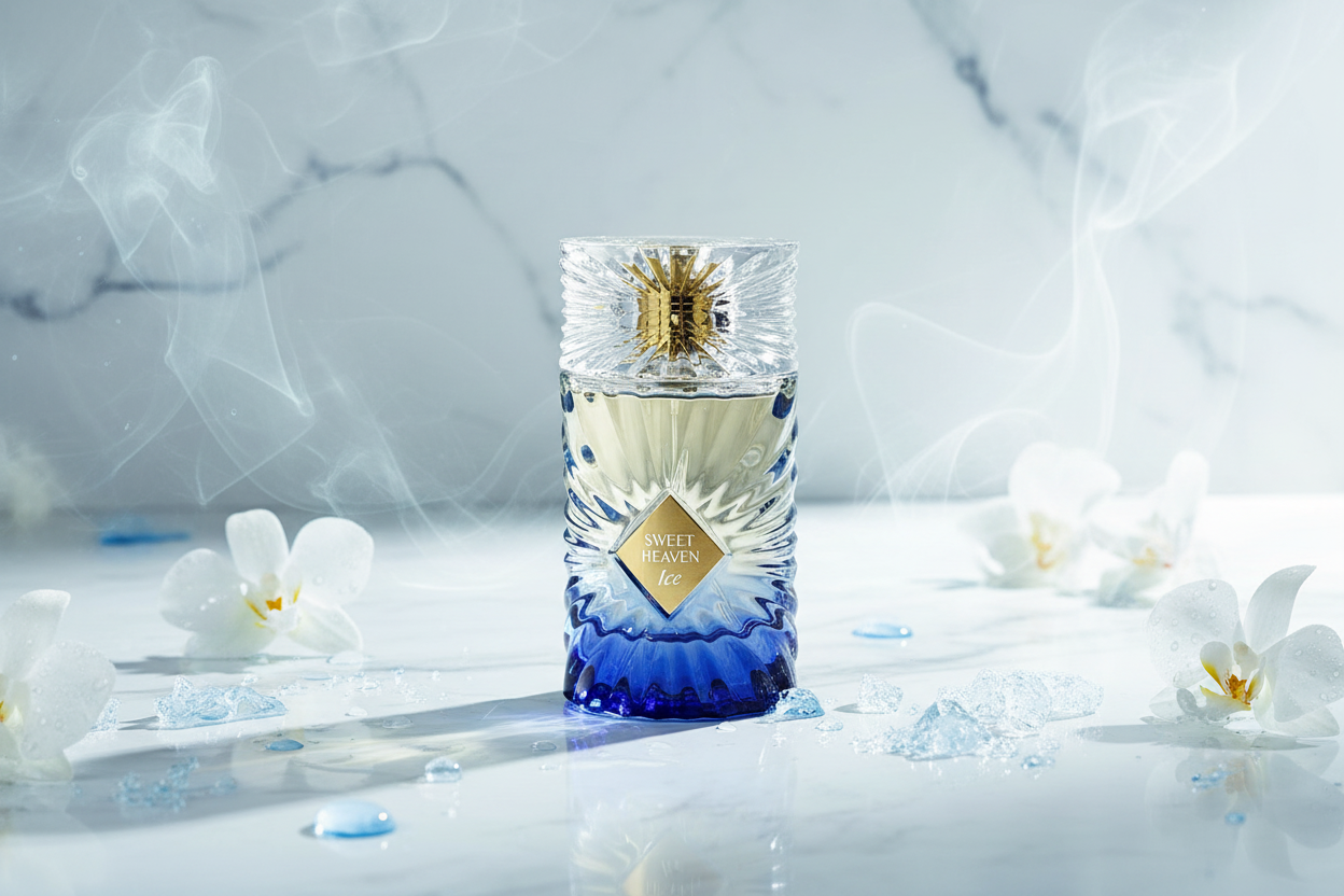 Botella de Eau de Parfum con franja azul y flores blancas alrededor.