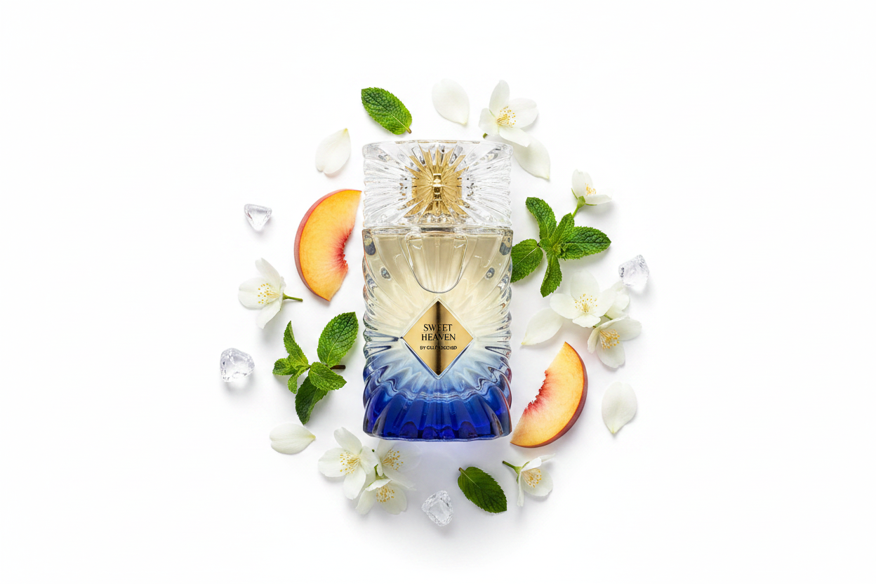 Eau de Parfum en botella con tapa dorada y franja azul, rodeada de flores blancas.