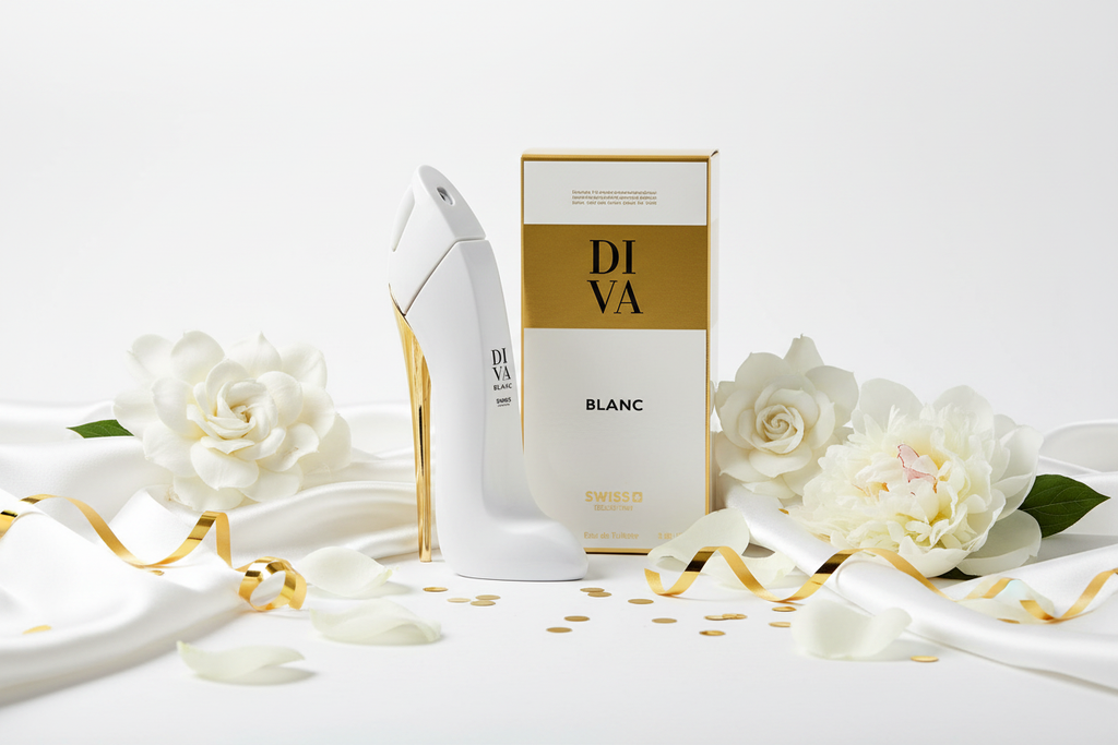 Perfume Swiss Diva Blanc Eau de Parfum 100 ml, frasco blanco con detalles dorados