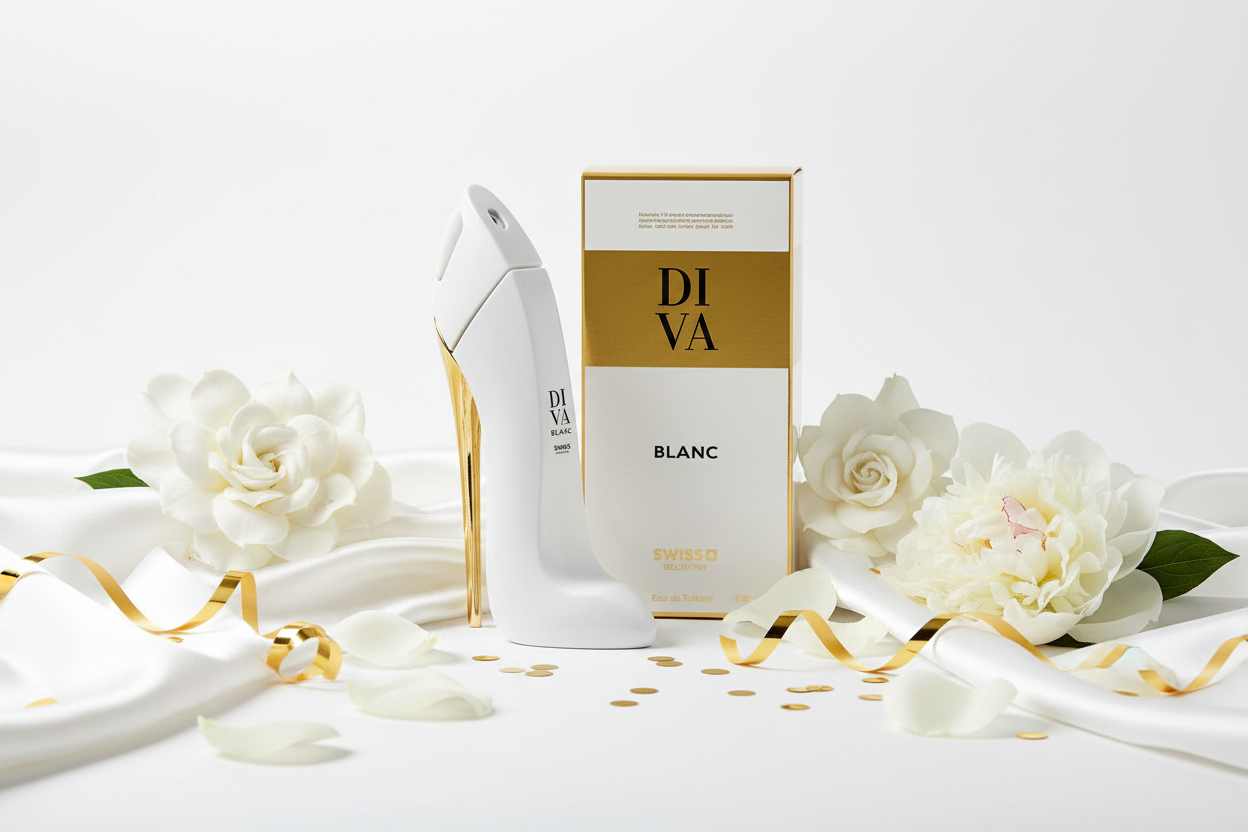 Perfume Swiss Diva Blanc Eau de Parfum 100 ml, frasco blanco con detalles dorados