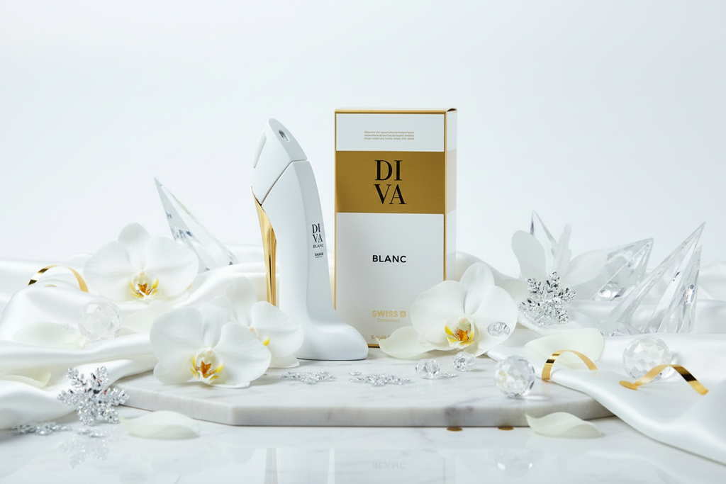 Perfume Eau de Parfum Swiss Diva Blanc: botella blanca y caja con detalles dorados