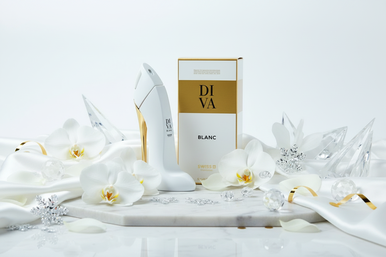Perfume Eau de Parfum Swiss Diva Blanc: botella blanca y caja con detalles dorados
