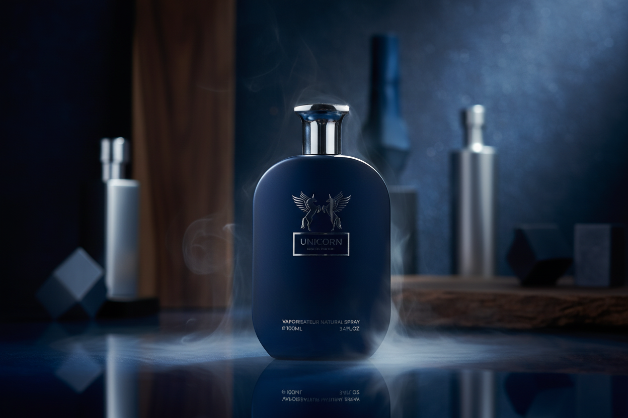 Frasco de Eau de parfum para hombre azul oscuro con tapa plateada y emblema Unicorn