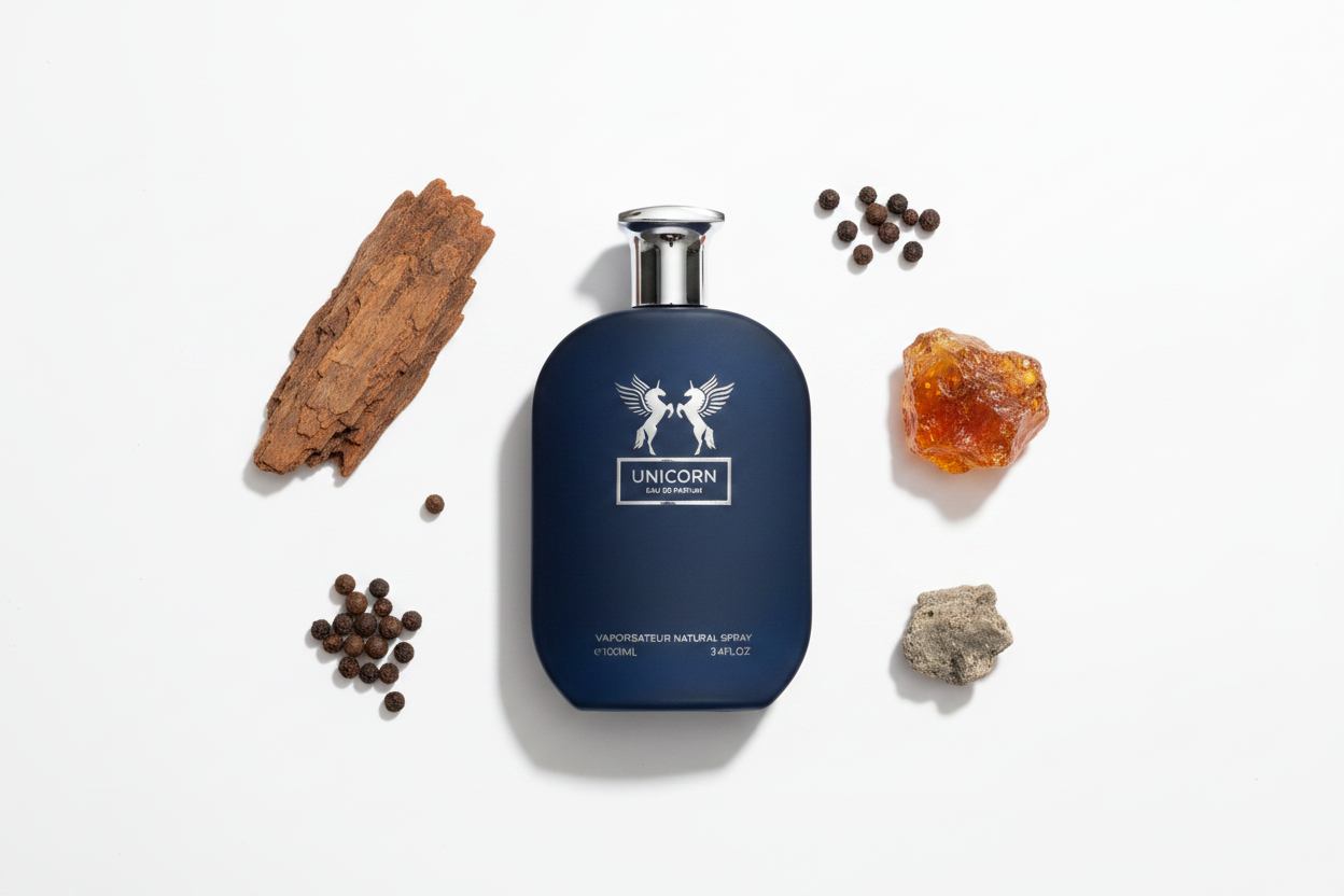 Perfume Eau de parfum para hombre en frasco azul oscuro con tapa plateada