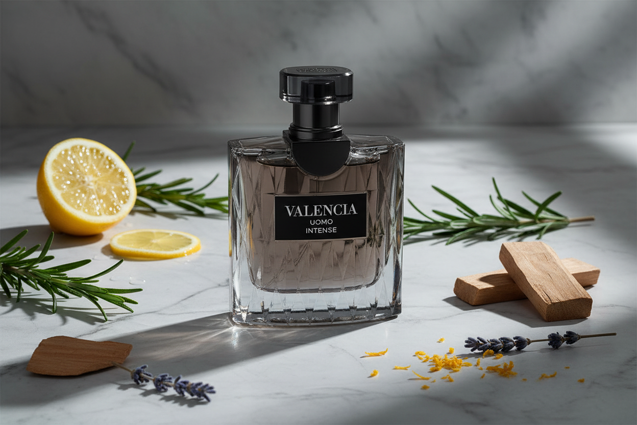 Botella de Eau de Parfum para hombre con etiqueta "Valencia Intense" y tapa negra.