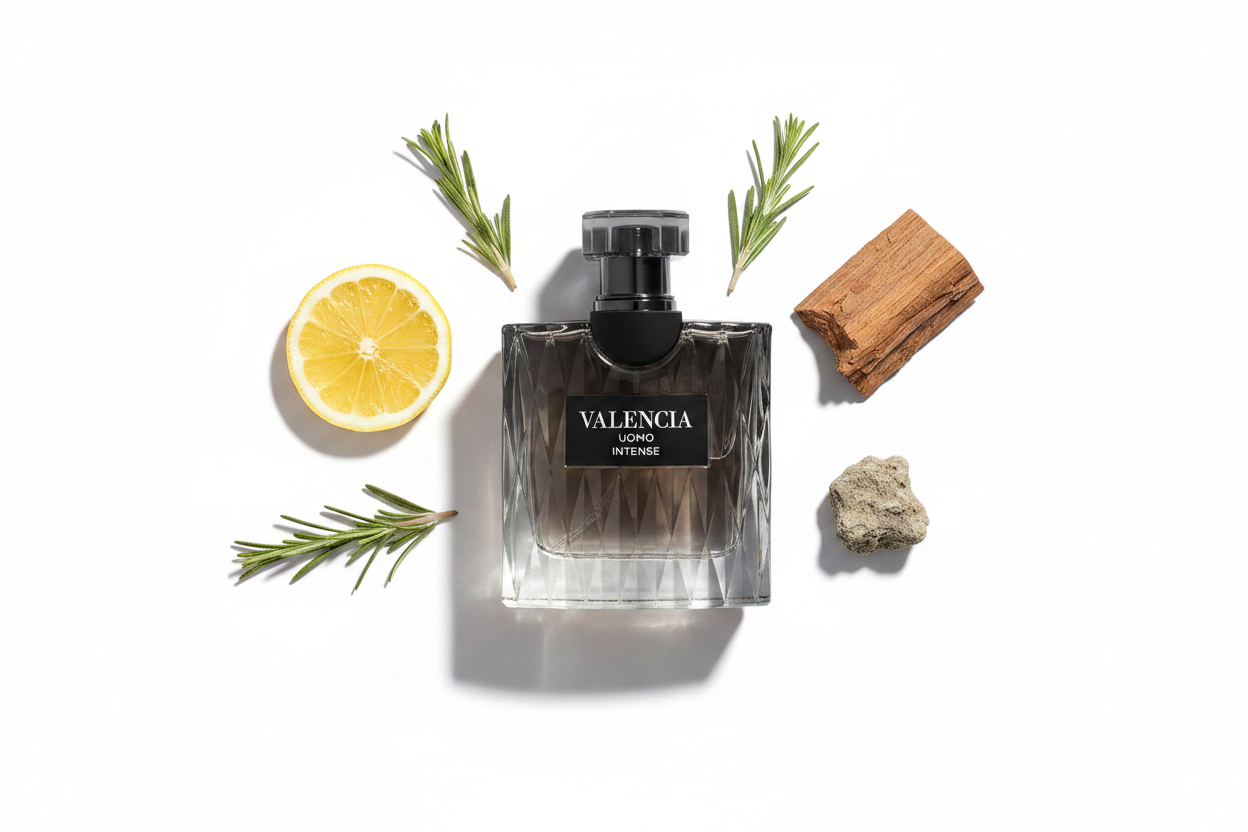 Botella de Eau de Parfum para hombre, frasco transparente con tapa negra.